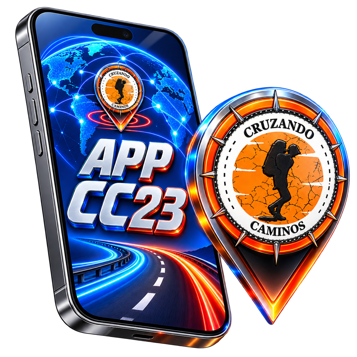 APP CC23 junto al pin de Cruzando Caminos, ilustración promocional